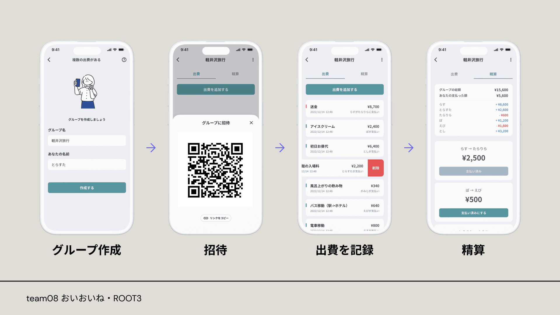 グループを作成し、招待QRコードを読み込んで、出費を記録します。あとは好きなときに精算するだけ！